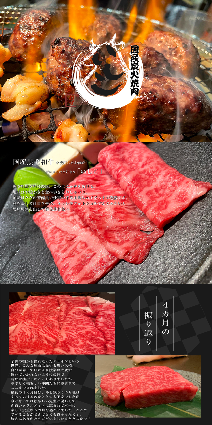 焼き肉屋さんのHPにありそうなaboutページ頑張って作ったよ・・・